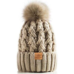 Women’s  Beigeoatmeal Winter Ribbed Beanie Hat Chunky Cable Knit Pompom Warm
